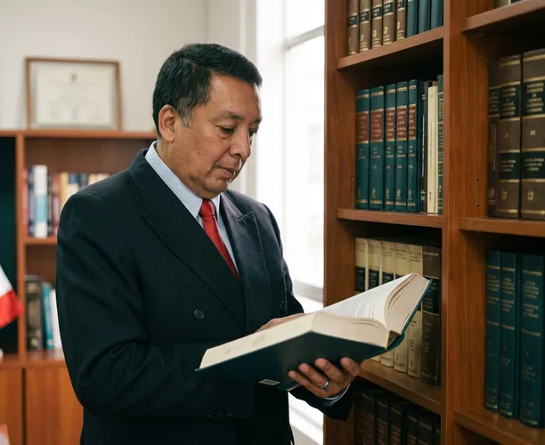 Dr. Santos, abogado penalista, consultando un código en la biblioteca del estudio